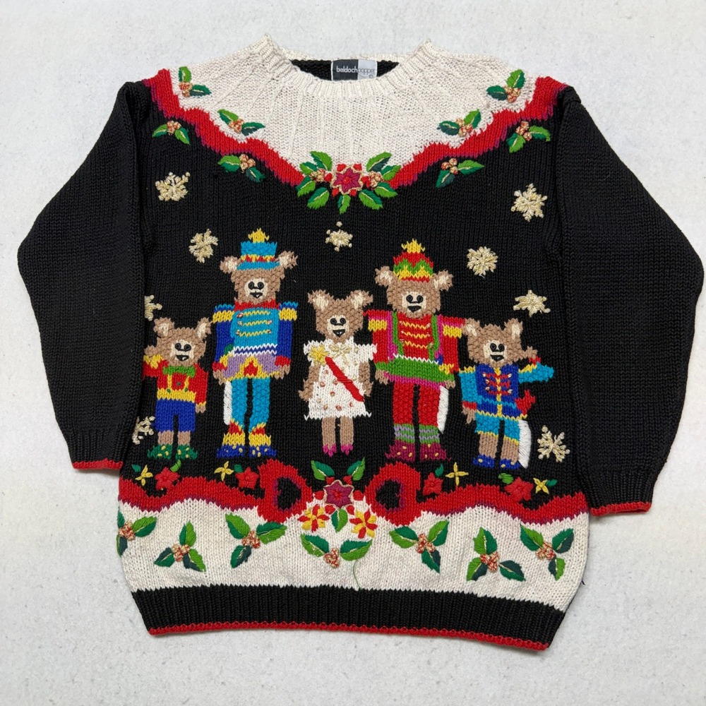 Vintage Beldoch Popper Nutcracker Bear Christmas Knit Sweater‎ 90s Black Medium
